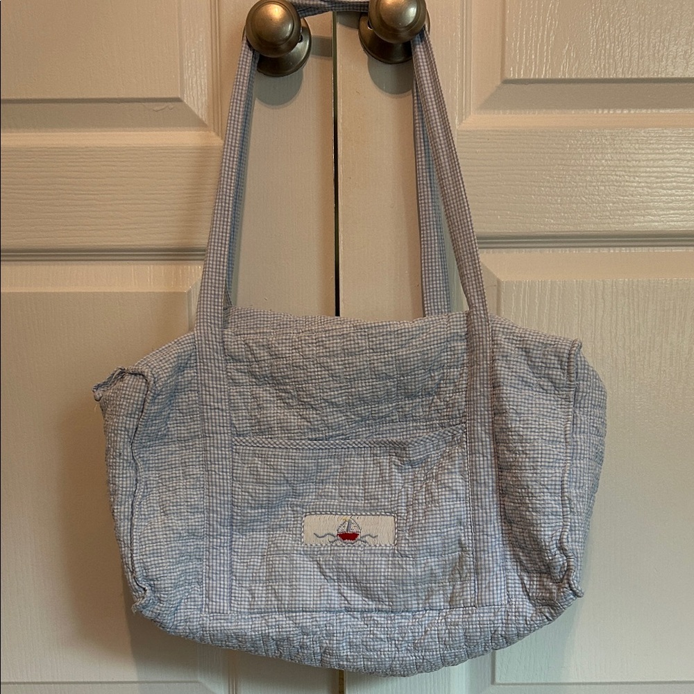 Little English Light Blue Seersucker Tote Bag with Sailboat Patch